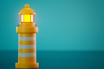 Poster - A minimalist lighthouse glowing in a foggy landscape, with only subtle light details