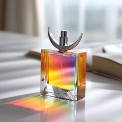 Aufkleber - Elegant Rainbow: Luxury Perfume Bottle with Unique Design, Reflecting Colorful Light on the Table