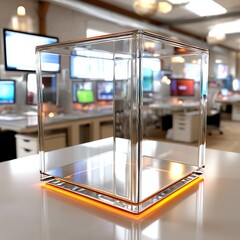 Poster - Glass Cube in Open Office: Transparency and Reflection in Modern Workplace Environment