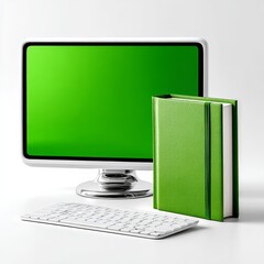 Leinwandbilder - Green Screen Computer Setup: Book, Keyboard, and Clean White Backdrop for Creative Digital Workflow