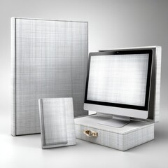 Poster - Monochrome Elegance: An iMac Presented in Style with Bespoke Textured Book and Box Accessories on a Soft Gradient Background.