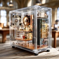 Aufkleber - Transparent PC Case with Detailed Components & Refined Aesthetic on Wooden Tabletop with Blurry Background