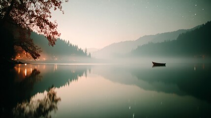 Wall Mural - Serene Night Lake  Misty Mountains  Lone Boat  Starry Sky