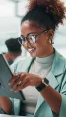 Fototapete - Office, businesswoman and happy with tablet for reading, research information and UX developer. Career, female person and web designer with digital for connection, software update and smile for SEO