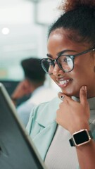 Fototapete - Office, businesswoman and happy with tablet for research, reading information and ux developer. Career, female person and web designer with digital for connection, software update and smile for seo