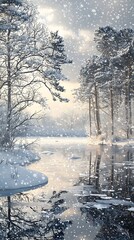 Wall Mural - Snowy winter scene, trees frame tranquil water with falling flakes