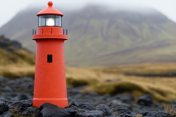 Poster - A minimalist lighthouse glowing in a foggy landscape, with only subtle light details