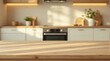 © Studio VIP - Flawless wooden surface in the foreground with a cozy, blurred kitchen behind, illuminated evenly by natural light to bring out its rich texture.