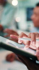 Fototapete - Coding, developer and hands with tablet, office and employee with stylus for debugging and screen. Business, programmer and person with tech for info, online and research for project with software