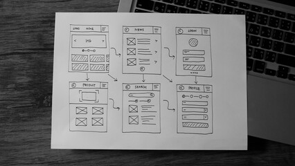 Wall Mural - draft sketch drawing template layout framework wireframe. user experience concept.
