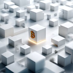 Fototapete - Bitcoin Block in a Minimalist Landscape: Digital Currency Dominance Amidst Geometric Structures