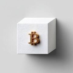 Poster - Golden Bitcoin Symbol on a Textured White Cube: Digital Currency and Cryptography Concept