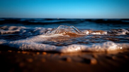 Aufkleber - Close-up view of wave cresting near the shore with blurred background and selective focus revealing water droplets and ocean textures