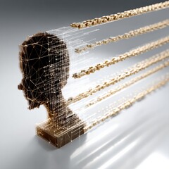 Fototapete - Golden Connection: Abstract Digital Head with Chains and Interconnected Data Flow Representation