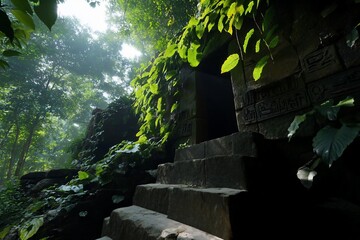 Poster - Stone staircase leading to a dark doorway overgrown with lush green foliage bathed in sunlight. Details of textures and lighting