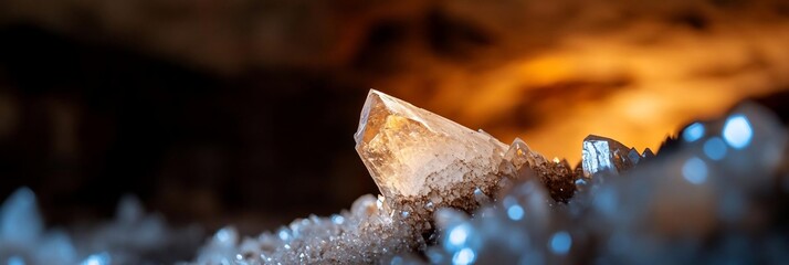 Fototapete - Close up of a crystal formation showcasing light refraction. The crystals are illuminated by a soft light creating a warm glow in a dark environment