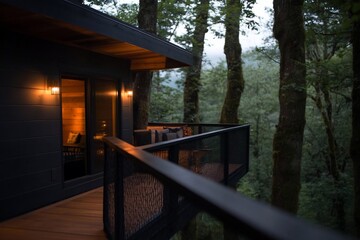 Poster - A dark wooden structure nestled among tall green trees illuminated by warm interior lights creating a sense of tranquility and seclusion with a balcony and forest backdrop