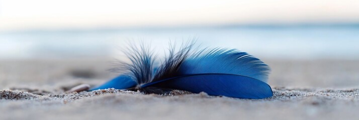 Aufkleber - Close up view of a blue object on sand beach with blurred ocean background soft lighting