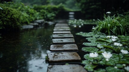 Poster - Stone pathway over tranquil water features lily pads and white flowers surrounded by lush green foliage creating a serene and natural atmosphere