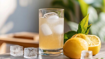 Poster - Refreshing beverage with ice cubes in a tall glass next to yellow lemons and vibrant green leaves on a gray surface