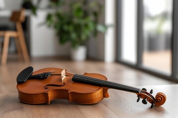 Aufkleber - Close-up of a wooden violin on a wooden surface with soft lighting and a blurred background featuring a chair and a window
