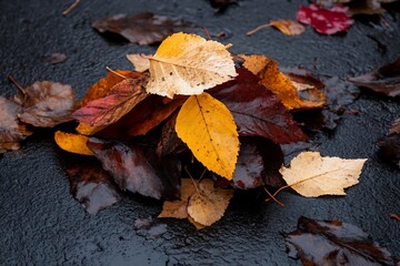 Leinwandbilder - A close-up shot showcases a pile of vibrant autumn leaves with varying shades of yellow brown and red resting on a wet black surface reflecting the leaves' colors