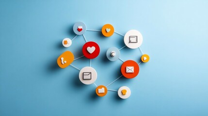 Fototapete - Abstract network of colorful connected icons against a blue background representing communication social media and digital interactions