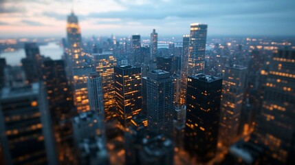Poster - Aerial view of a cityscape at dusk featuring illuminated skyscrapers and buildings in a metropolitan area. The scene has a warm, inviting glow from the lights