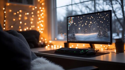 Poster - Cozy home office setup with a lit-up monitor displaying a winter scene a keyboard and mouse a mug and string lights creating a warm ambiance