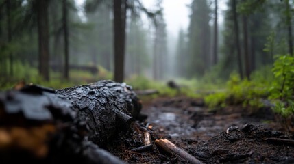 Aufkleber - A close-up of a weathered log on a muddy path leading into a misty forest with blurred trees in the background. The scene evokes a sense of depth and mystery