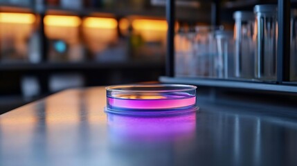 Leinwandbilder - Close-up of a petri dish with a pink and purple liquid on a metallic table in a laboratory setting. The background features blurred lab equipment and warm lighting