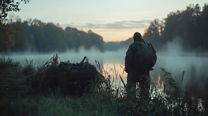 Aufkleber - A lone figure stands at the misty lake edge with backpack facing the serene water and foggy trees. Soft sunlight bathes the scene during the early morning. Calm atmosphere