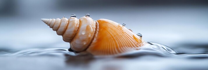 Poster - Close-up of a seashell with water droplets resting on a calm, blurred water surface creating a tranquil and natural scene. The shell displays warm orange and creamy white hues