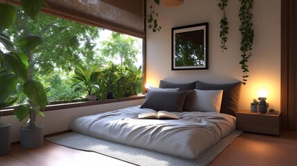 Aufkleber - Cozy bedroom interior with a window overlooking lush greenery soft bedding and warm lighting creating a relaxing atmosphere. The scene includes a framed artwork plants and a woven shade