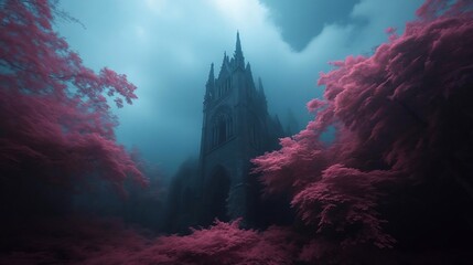 Poster - Mysterious gothic structure surrounded by vibrant pink foliage under a moody sky. Evokes a sense of fantasy and exploration. Dramatic lighting enhances the atmospheric feel of the scene