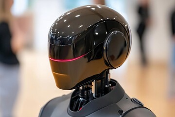 Poster - Close-up shot of a futuristic robot head with a glossy black finish a red line and a gold visor. The background is blurred with people