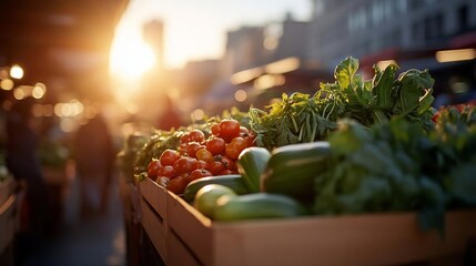 Poster - Fresh produce display at an outdoor market featuring vibrant tomatoes leafy greens and cucumbers bathed in warm sunlight with blurred cityscape background