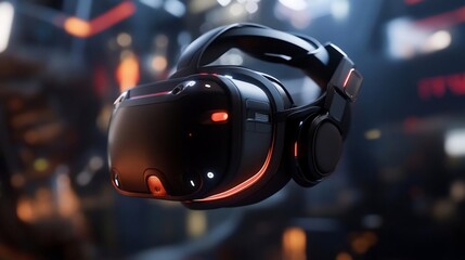 Aufkleber - Close up of a futuristic virtual reality headset with illuminated red and orange accents against a blurred background suggesting a technological environment. The sleek design highlights the immersive