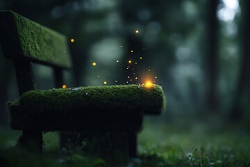 Poster - A generic bench is in a blurred forest setting with ambient lighting and bokeh. A soft focus effect captures a peaceful scene. Warm lights add a whimsical touch