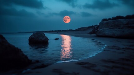 Poster - Nighttime coastal scene featuring a full moon reflecting on water and sand with rocks along the shoreline. Moody and atmospheric lighting creates a serene ambiance