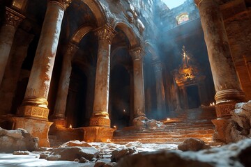 Poster - Dramatic interior view of a grand hall with detailed pillars and textured walls bathed in ethereal light. The scene features architectural elements and a play of light and shadow