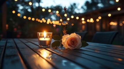 Poster - Romantic evening scene with a lit candle and a flower on a wooden table. Blurred background of fairy lights in a garden setting, evoking a warm and intimate atmosphere