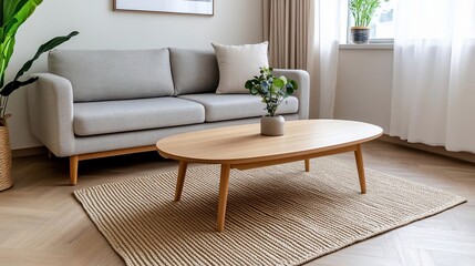Poster - Interior view of a modern living room featuring a gray sofa wooden coffee table and a woven rug. Natural light streams through the window