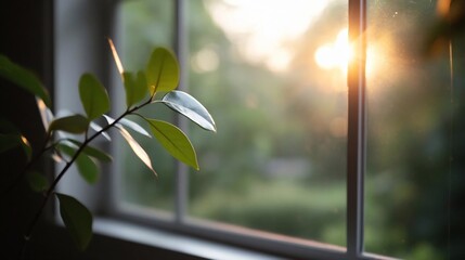 Aufkleber - Soft focus view of a plant stem near a window bathed in warm sunlight casting a gentle glow with green leaves against a blurred background highlighting natural light and shadows