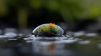 Poster - Macro shot of a water droplet containing moss and a small orange flower reflecting the surrounding greenery. The droplet sits on a dark, reflective surface