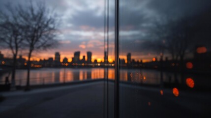 Poster - Cityscape reflection on glass at sunset with blurred buildings water and tree silhouettes and orange and blue tones