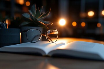 Poster - An open book with reading glasses succulent plant and stationery against soft bokeh background creating a cozy illuminated atmosphere