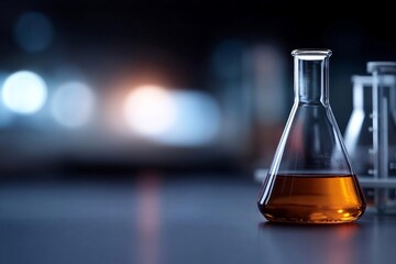 Aufkleber - Close-up shot of a laboratory flask filled with an orange liquid on a reflective surface with blurred background bokeh effect lights creating a science and research ambiance