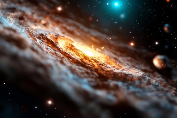 Aufkleber - A mesmerizing cosmic scene depicting a spiral galaxy ablaze with radiant hues of orange and gold. Stars sparkle against a dark backdrop with nebulas
