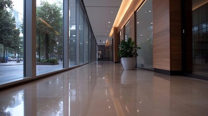 Poster - Modern office corridor with polished flooring and glass walls reflecting the exterior view featuring greenery. The space is illuminated by recessed lighting and a potted plant adds a touch of nature